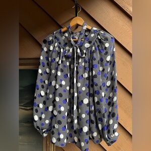 Milly Silk Polka Dot Blouse with Bow Tie or Self Belt, Size 6